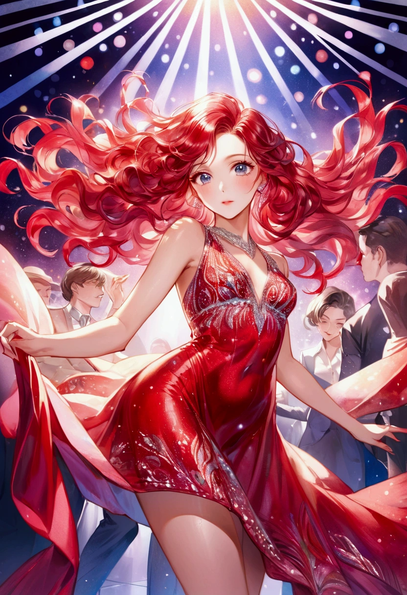 A captivating watercolor painting of a young, beautiful woman, embodying the essence of an attractive performer in a modern-day bar. She wears a dazzling red dress, adorned with shimmering sequins and intricate patterns. Her long, wavy hair flows around her shoulders, and her eyes sparkle with confidence. The vibrant colors of the painting bring the stage lights to life as she gracefully sings and dances, stealing the attention of everyone in the room.