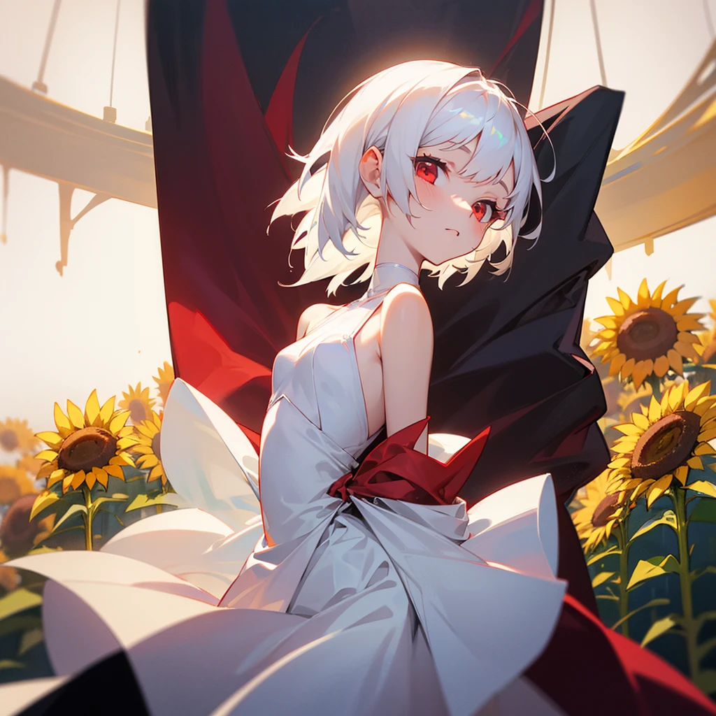 a girl with short white hair shoulder-length, red eyes, wearing a thin white dress, wrapped around her body by sunflower