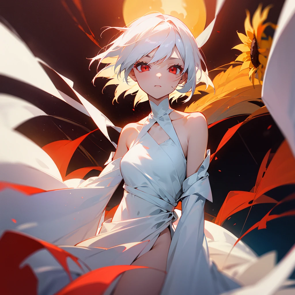 a girl with short white hair shoulder-length, red eyes, wearing a thin white dress, wrapped around her body by sunflower