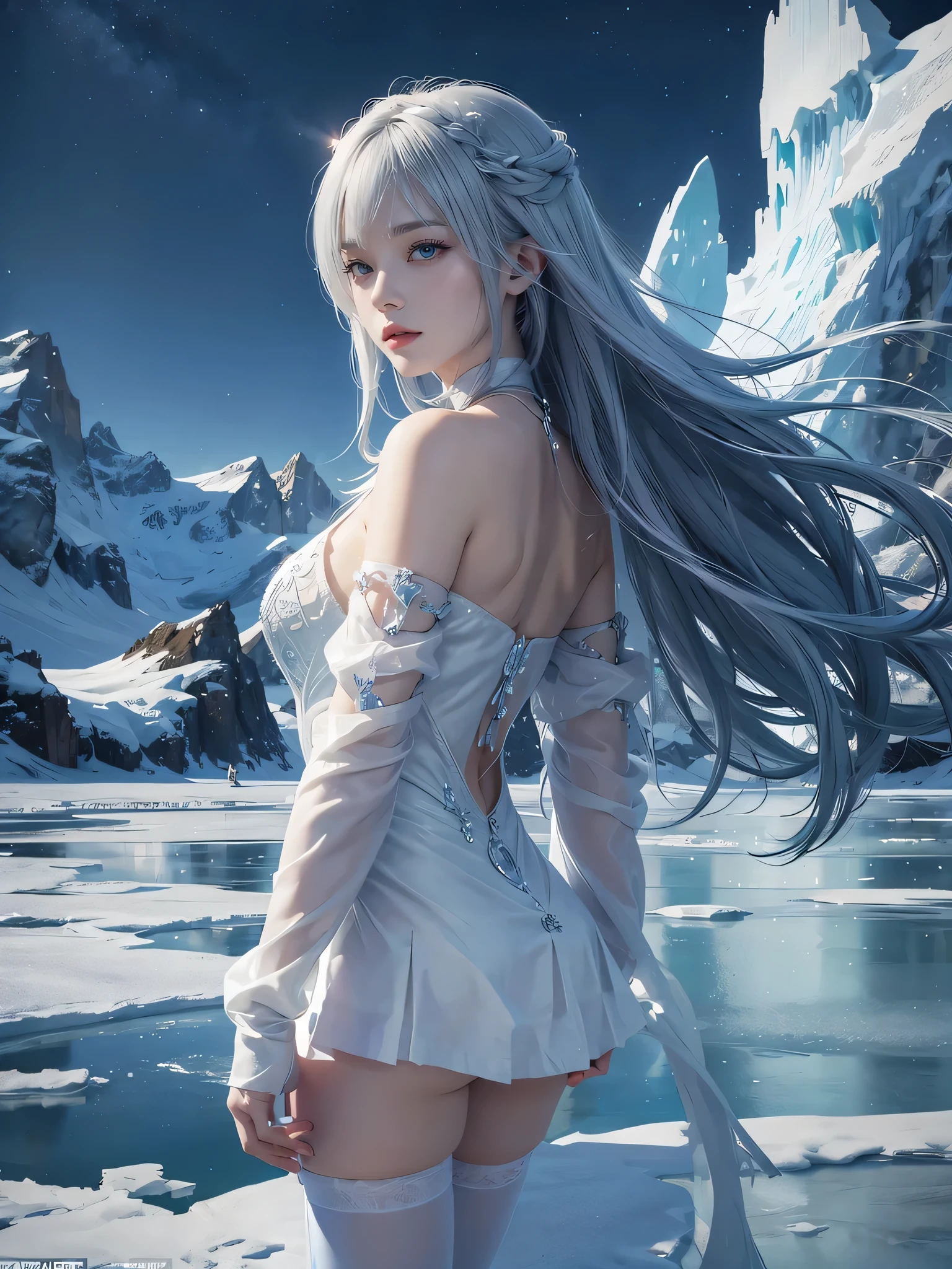 a white short skirt and white stockings