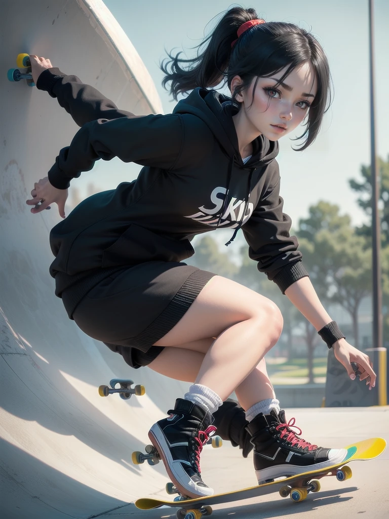 One Woman((Skateboarder,Black hoodie)) background,(Golf Driving Range,concrete) Wear a cap or hat,Skateboarding Woman,(Black Hair,Side Ponytail,Red eyes,Super Shine) Anime Style,Overall view Wind blowing Low angle