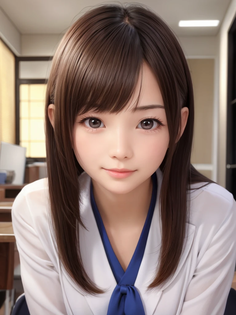 （ultra detailed realistic human skin, japanese  ultra extremely amazingly beautiful girl:1.2), shiny charming eyes, (school uniform), looking at viewer, 
perfect sized and perfect shaped chests, 
slightly smile,cinematic lighting, 
ichigo 100% mizuki kawashita style, 