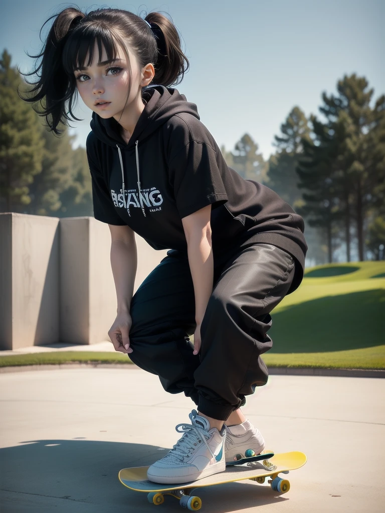 One Woman((Skateboarder,Black hoodie)) background,(Golf Driving Range,concrete) Wear a cap or hat,Skateboarding Woman,(Black Hair,Side Ponytail,Red eyes,Super Shine) Anime Style,Overall view Wind blowing Low angle