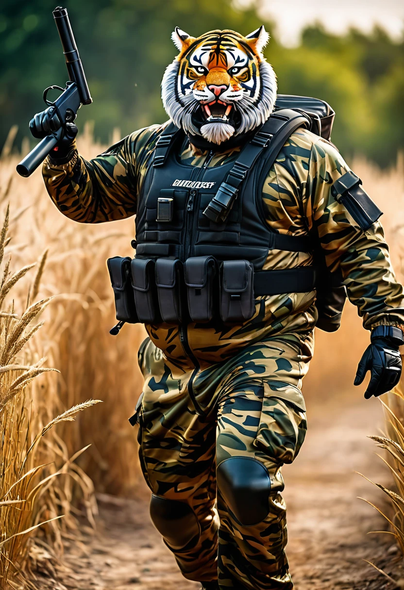 (a dark-skinned bearded fat muscular old man in a bulky army camouflage zipper diver suit) carrying a gun, (wearing a small-sized realistic roaring tiger mask), dynamic action pose, fierce expression, showcasing an imposing stature, surrounded by military elements, dramatic shadows and intense highlights, cinematic color tones, high detail, powerful, art influenced by Bruce Onobrakpeya and Stanley Artgerm, ultra-detailed, best quality image, action-packed atmosphere, patrolling in a field.