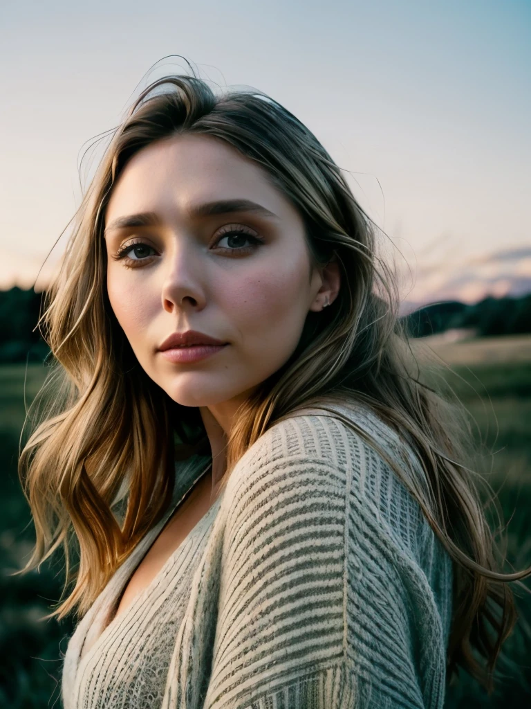 (style raw, work of art, best qualityer, ultra detali), age 28, Elizabeth Olsen posting outdoors, deep V sweater, large breasted, beautiful night, happily and happily, clear sky, analog style, (texture skin, film grain), cinematic light, side lighting, ultra high resolution