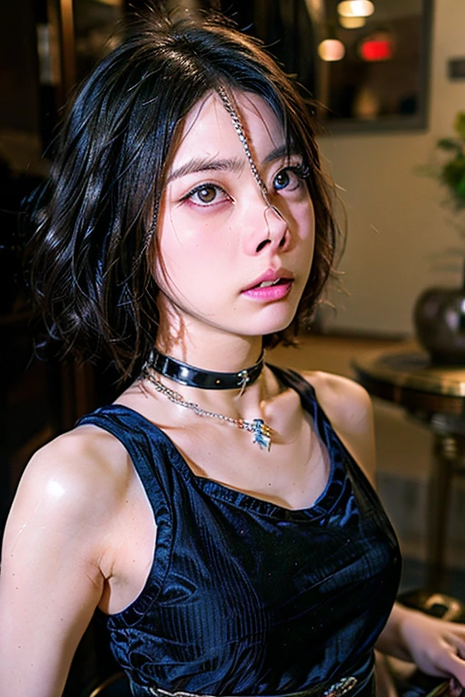 (Browsing Caution:-2), (Realistic, photo-Realistic :1.4), (Highest quality, masterpiece:1.2), RAW Photos, High resolution, Intricate details, Very detailed, Realistic and sharp details, Portraiture, (Bust Shot, Front view:1.2 ), alone, Beautiful Japanese Women, Beautiful woman, Black Hair, (Short Bob Hair), Detailed face, Detailed eyes, Beautiful Eyes, Refined nose, Pale skin, Fine skin, (Nose hook, Chain strap), (Jeweled Choker), clavicle, shoulder, T-Shirts, skirt,,,[Kanna Hashimoto]