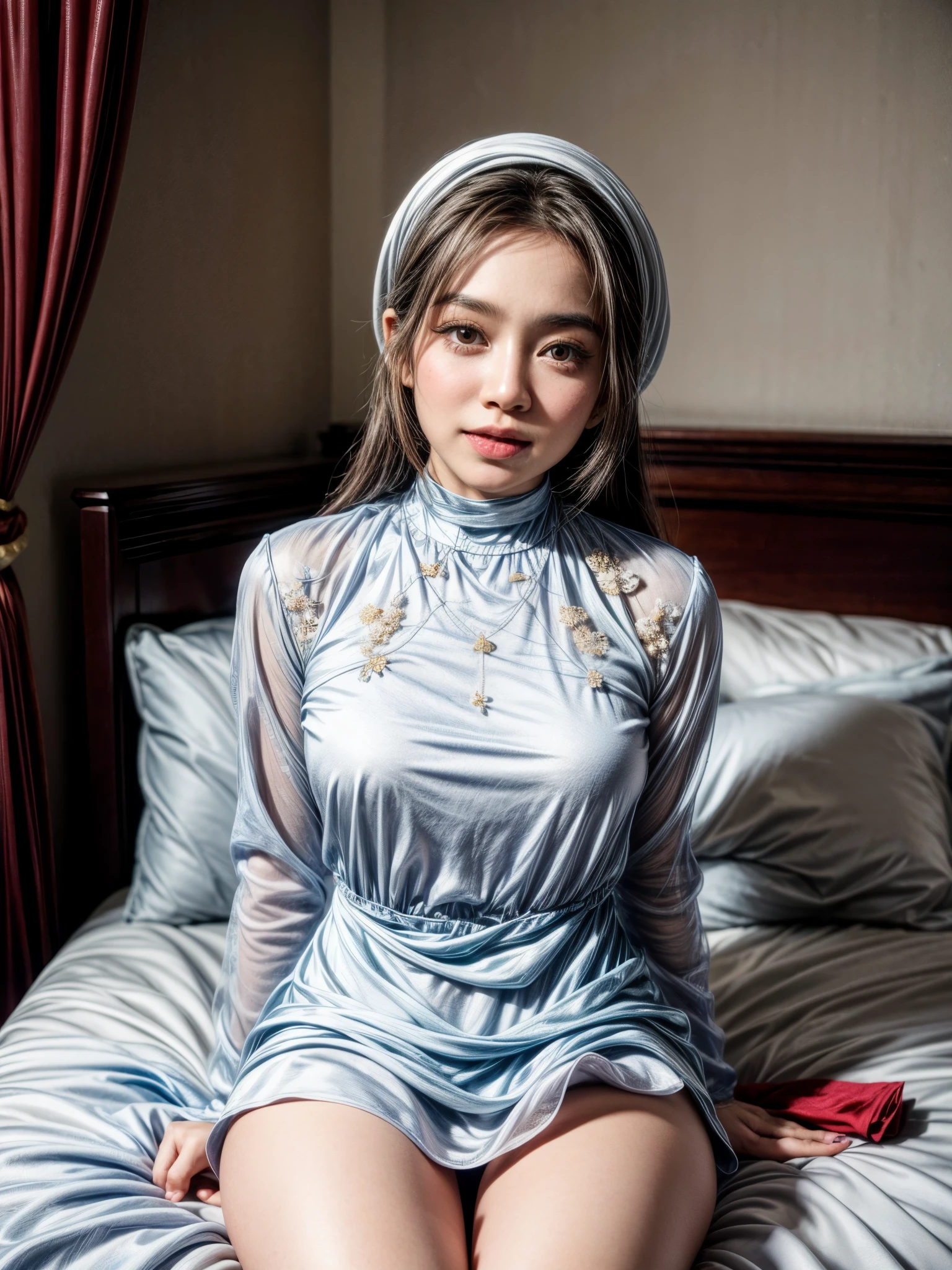 (((CUTE MALAY GIRL))), masterpiece, High quality, UHD 32K, Realistic face, Realistic skin human feeling , A Japanese Lady, , ((layered hair with pony)), Very cute and baby-like face, (MATRIX WORLD), ((SADNESS)), (((WHITE))), (((CUTE GIRL))), ((WEARING SEXY GODDES DRESS)) SATIN FLORAL PATTERN, straddle in bed, perfect fullbody, Red Lips, earing,
