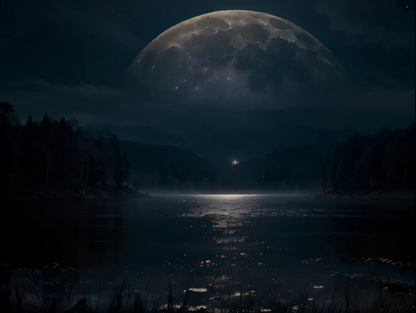 A beautiful night landscape, full moon, moonlight, peaceful atmosphere, serene, ethereal, glowing moon, dramatic lighting, shadows, soft focus, detailed textures, atmospheric haze, (best quality,4k,8k,highres,masterpiece:1.2),ultra-detailed,(realistic,photorealistic,photo-realistic:1.37),landscape,cinematic,dramatic,moody,mystical,atmospheric