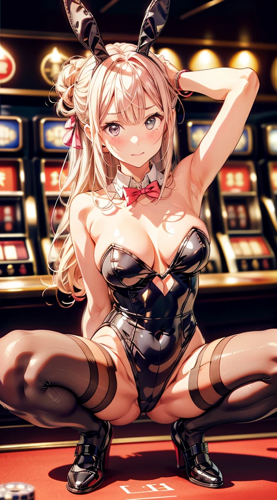 indoor,Are crying、Painful face、B1, Hair Bun,, sadistic Arms behind head:1.4, belly button, Long Hair:1.4, pantyhose,good,Large Breasts,latex, Raglan sleeves, Pink ribbon, Pink Eyes, Wavy Hair,(Highest quality), Realistic, (live-action, Intricate details), ((Japanese female college student squatting at the casino, Place your arms between your legs)), ((Playboy Bunny, Bunny ears, black Bunny ears, fake Bunny ears, pantyhose, black pantyhose, bow tie, Wrist cuff, Black leotard)), ((:1.4)), (blonde Long Hair:1.3, Short bangs), (neat face, Lips parted), Whiter skin, hard lighting:1.3, Roulette table, Slot Machines, Full Body Shot,From below,sadistic ,Fishnet stockings,bright Pink Eyes,Glowing Eyes,Open your mouth、Sticking out tongue、In agony、I'm in pain、Drooling、Painful face、Leaking pee、My crotch is wet、Tears flowing、A reluctant face