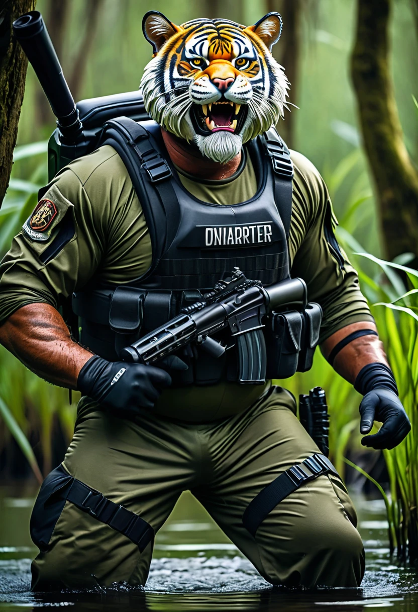 (a dark-skinned bearded fat muscular old man in a bulky army camouflage zipper diver suit) carrying a gun, (wearing a small-sized realistic roaring tiger mask), dynamic action pose, fierce expression, showcasing an imposing stature, surrounded by military elements, dramatic shadows and intense highlights, cinematic color tones, high detail, powerful, art influenced by Bruce Onobrakpeya and Stanley Artgerm, ultra-detailed, best quality image, action-packed atmosphere, patrolling in a swamp.