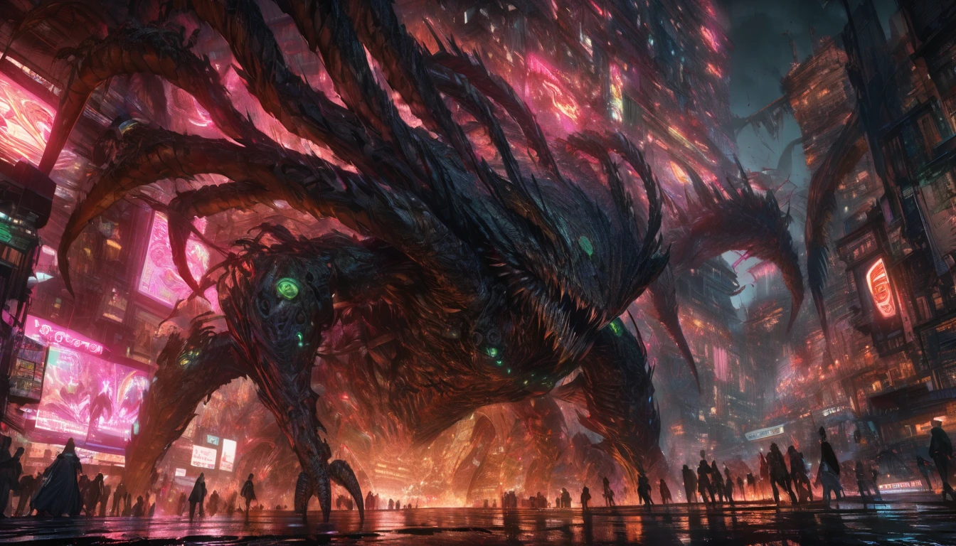 Illustrate a 320-meter tall, insectoid Kaiju attacking a neon-drenched city at night. The Kaiju should have a chitinous exoskeleton with bioluminescent markings, multiple limbs, and sharp mandibles. Show it crawling over buildings, with neon signs flickering and sparks flying from broken electrical lines. The city should be depicted with vibrant neon lights, bustling nightlife, and narrow alleyways. Highlight the chaotic interaction between the neon-lit city and the monstrous Kaiju. creating a sense of awe and tension. 8K, extremely detailed, intricate details, photorealistic, masterpiece, cinematic lighting, dynamic composition, muted color palette, moody atmosphere, dramatic shadows, awe-inspiring scale, kaiju with expressive faces, maid uniform with delicate lace and ribbons, lair with intricate architecture and advanced technology, cityscape in the background with skyscrapers and landmarks