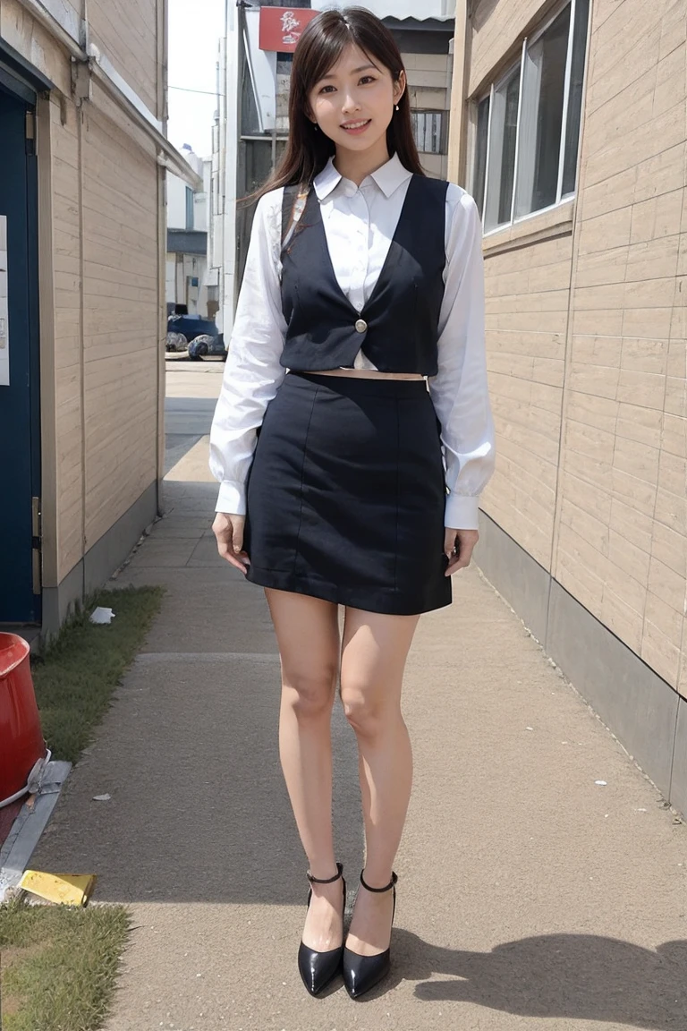 Highest quality, Flying debris, Realistic, High resolution, 8k RAW Photos,alone, One Girl, 23 years old、Are standing、smile、Business Skirt、Spread your legs wide、High heels