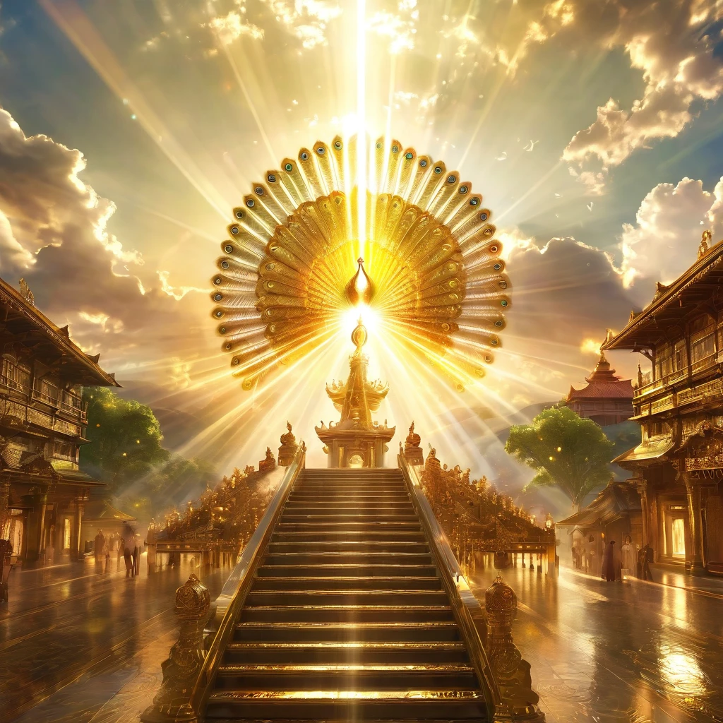 Very beautiful photo of a golden peacock、A dazzling light that paints everything in gold、god々area、Digital Art, The clouds clear and the shining sun appears, Ascension Day,Golden Sun、Sky City、god々Utopian、There is one relic。Lens flare、Angel Ladder、Super Detail,Highest quality,masterpiece,(8k),Very detailed,A wonderful work of art,The picture is clear,Golden light on background