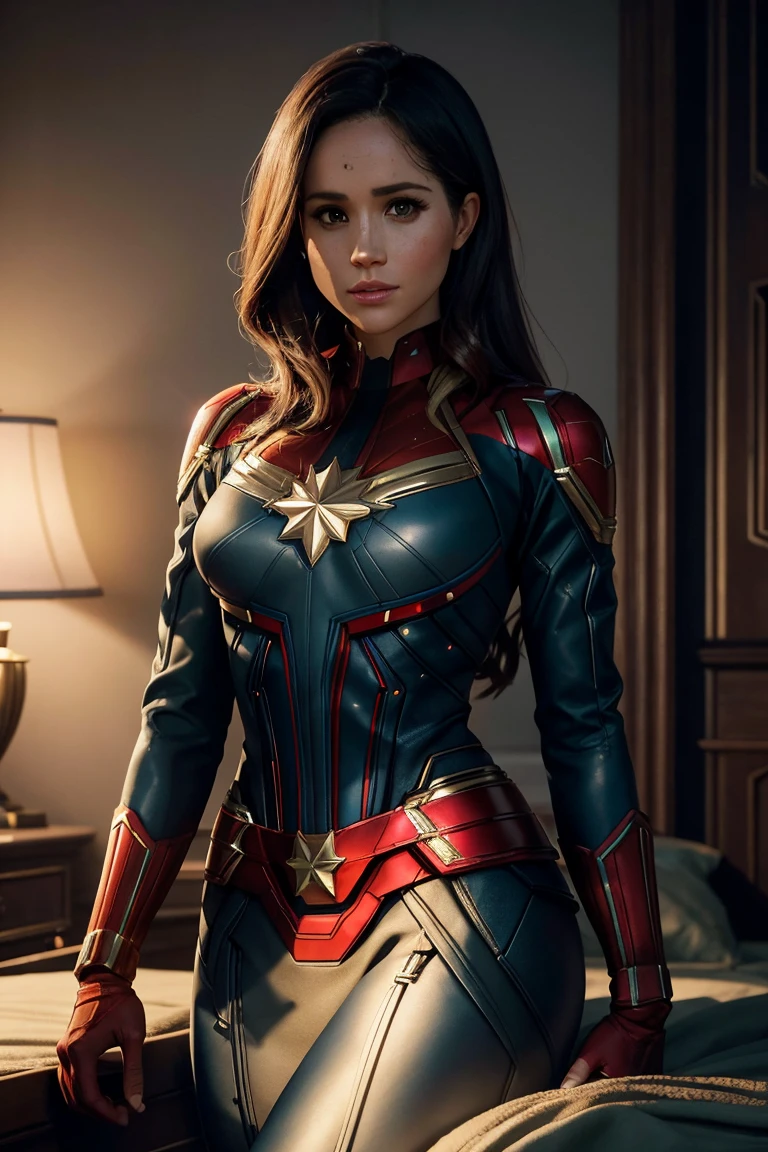 Meghan Markle, wearing Captain Marvel costume sexy clothes transparent. professionally retouched, soft lighting, realistic, smooth face, perfect eyes, sharp focus on eyes, 8 k, high definition, insanely detailed, intricate, elegant. in a natural background.