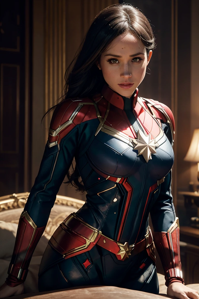 Meghan Markle, wearing Captain Marvel costume sexy clothes transparent. professionally retouched, soft lighting, realistic, smooth face, perfect eyes, sharp focus on eyes, 8 k, high definition, insanely detailed, intricate, elegant. in a natural background.