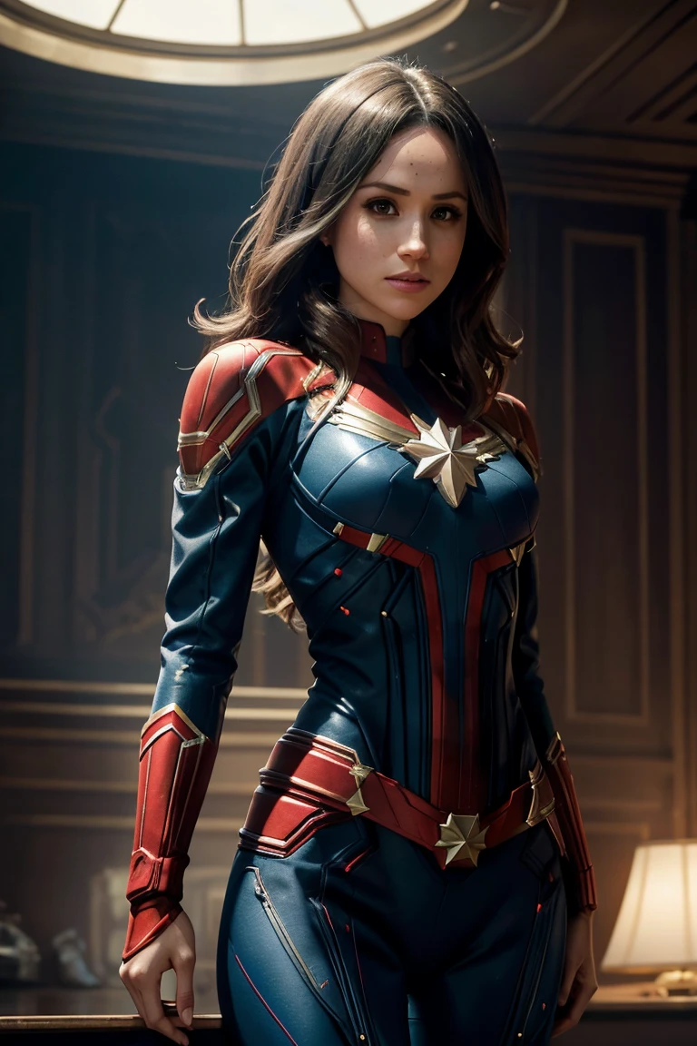 Meghan Markle, wearing Captain Marvel costume sexy clothes transparent. professionally retouched, soft lighting, realistic, smooth face, perfect eyes, sharp focus on eyes, 8 k, high definition, insanely detailed, intricate, elegant. in a natural background.