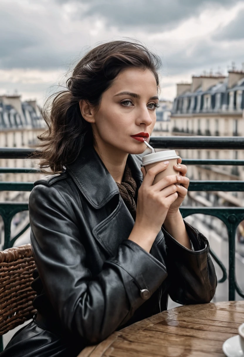 8K quality, ultra-high definition realism, an open cafe terrace in Paris in the 1930s, a mature woman is drinking coffee from a Chinese ceramic cup, the woman is holding the cup with both hands wrapped around it, her breath is white, steam is rising from the cup, the sky is gloomy and cloudy, the season is autumn, the woman is a spy for the German government, her skin is translucent white, her blonde hair is braided and tied up, she is wearing a black leather trench coat, her eyes are drawn in detail, the woman looks into the distance as if she is thinking about something, her blue eyes, her eyelashes are long, she is beautiful, she exudes an air of mystery, she is slim and intelligent, she is sitting with her legs crossed, the camera captures her beautifully, the background is the blurred city of Paris.