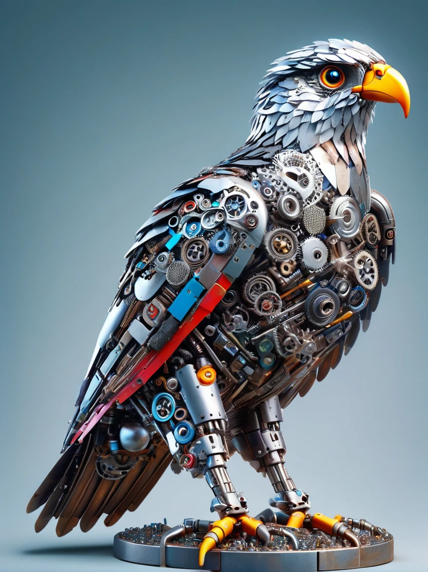 (3D，mechanical感，cute，ais-scrapyrd White-headed hawk，mechanical)，Colorful neon lights，高科技mechanical部件，Metal body，Detailed Vibranium Flower Design，Vibrant colors，Dynamic glowing flowers，Reflective metal surface，Bright environment，Dynamic poses，Exquisite existence，Skills Improvement，互锁mechanical齿轮，Stylish design，motion blur effect，Detailed metal treatment，Sci-fi atmosphere，Streamlined aerodynamic shape，Laser scanning pattern，Holographic projection，LED light track，Beautiful and unforgettable，Advanced sensors，Complex algorithms，Ominous and mysterious atmosphere，Electric Spark，Shiny chrome，Propulsion systems of the future，(Best quality，8k，high resolution，masterpiece:1.2)，Super detailed，(whole body:1.8)​