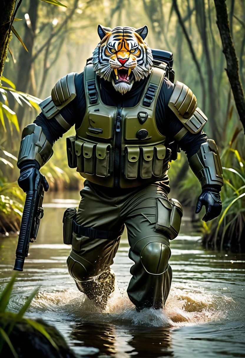 (a dark-skinned bearded fat muscular old man in a bulky army camouflage zipper diver suit) carrying a gun, (wearing a small-sized realistic roaring tiger mask), dynamic action pose, fierce expression, showcasing an imposing stature, surrounded by military elements, dramatic shadows and intense highlights, cinematic color tones, high detail, powerful, art influenced by Bruce Onobrakpeya and Stanley Artgerm, ultra-detailed, best quality image, action-packed atmosphere, patrolling in a swamp.