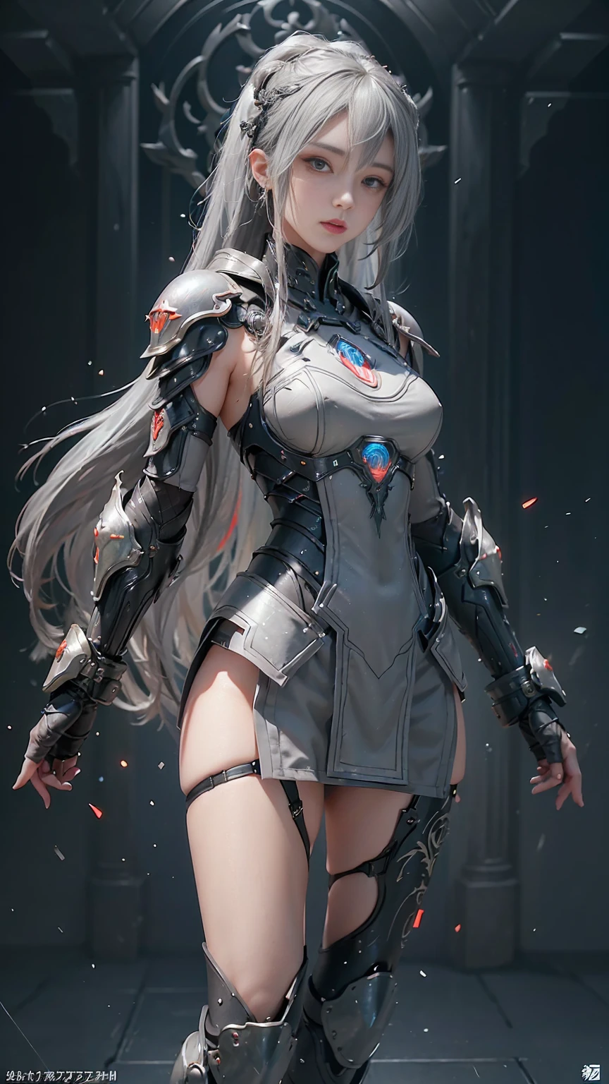 masterpiece,Game Art,Best picture quality,Maximum resolution,8K,(Upper Body),Unreal Engine 5 rendering works,(Digital Photography),((Upper BodyFeature:1.5)), 20 year old girl,Short hair details,Long bangs,(The red eye makeup is carefully applied),(With long gray hair:1.4),(Small breasts),Elegance and nobility,Brave and charming, (Standing dynamic posture),(The future armor combines the characteristics of Chinese armor,hollow-carved design,Power Armor,Mysterious oriental runes,Exquisite clothing patterns,Magic Flash),Future Warrior,Cyberpunk Characters,War Background, light,Ray Tracing,Game CG,((3D Unreal Engine)),OC rendering reflection mode