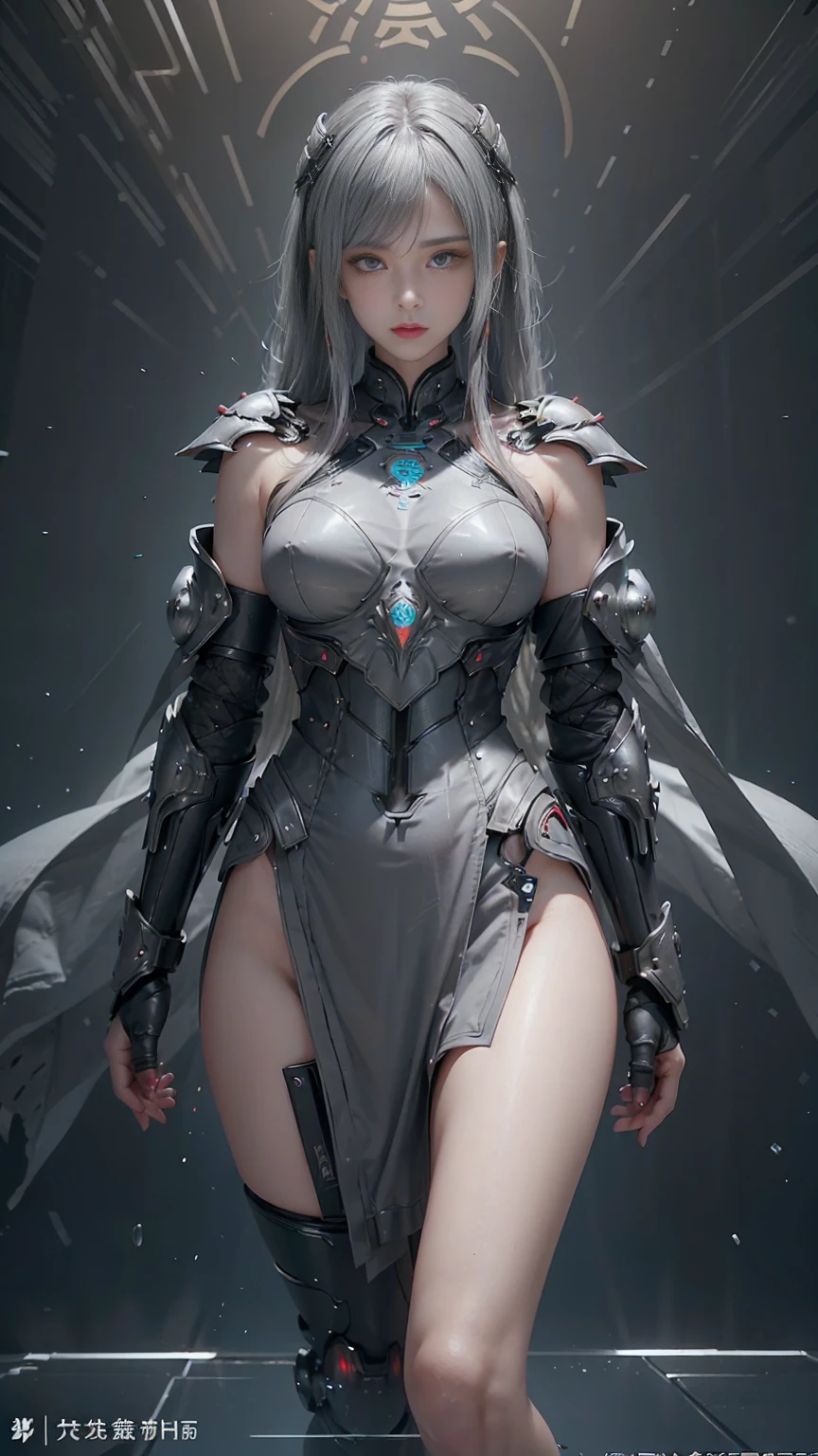 masterpiece,Game Art,Best picture quality,Maximum resolution,8K,(Upper Body),Unreal Engine 5 rendering works,(Digital Photography),((Upper BodyFeature:1.5)), 20 year old girl,Short hair details,Long bangs,(The red eye makeup is carefully applied),(With long gray hair:1.4),(Small breasts),Elegance and nobility,Brave and charming, (Standing dynamic posture),(The future armor combines the characteristics of Chinese armor,hollow-carved design,Power Armor,Mysterious oriental runes,Exquisite clothing patterns,Magic Flash),Future Warrior,Cyberpunk Characters,War Background, light,Ray Tracing,Game CG,((3D Unreal Engine)),OC rendering reflection mode