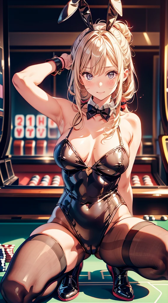 indoor,Are crying、Painful face、B1, Hair Bun,, sadistic Arms behind head:1.4, belly button, Long Hair:1.4, pantyhose,good,Large Breasts,latex, Raglan sleeves, Pink ribbon, Pink Eyes, Wavy Hair,(Highest quality), Realistic, (live-action, Intricate details), ((Japanese female college student squatting at the casino, Place your arms between your legs)), ((Playboy Bunny, Bunny ears, black Bunny ears, fake Bunny ears, pantyhose, black pantyhose, bow tie, Wrist cuff, Black leotard)), ((:1.4)), (blonde Long Hair:1.3, Short bangs), (neat face, Lips parted), Whiter skin, hard lighting:1.3, Roulette table, Slot Machines, Full Body Shot,From below,sadistic ,Fishnet stockings,bright Pink Eyes,Glowing Eyes,Open your mouth、Sticking out tongue、In agony、I'm in pain、Drooling、Painful face、Leaking pee、My crotch is wet、Tears flowing、A reluctant face