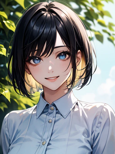 (masterpiece:1.5),(Beat quality),(high res),1girl solo,beautiful face,smile(shining eyes),upper body,light effects,Two-tone hair(black and white),Woman in plain clothes,garden　Ultra-realism"Cheerful young woman with short bob haircut, fair skin, and bright smile under a clear blue sky. She's wearing boyish clothes like a loose-fitting t-shirt or button-up shirt. Her expression is lively and cute, with sparkling eyes and a genuine grin. The background shows a sunny day with a few fluffy white clouds, creating a warm and positive atmosphere."