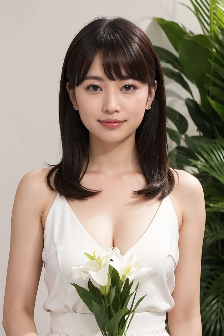 Medium Size Display, Medium Shot, Written boundary depth, bust, Upper Body, Movie angle, masterpiece, Highest quality, Very detailed, CG, 8k wallpaper, Beautiful Face, Delicate eyes, Otome, alone, smile, bangs, skirt, Formal blouse, Bouquet of lilies