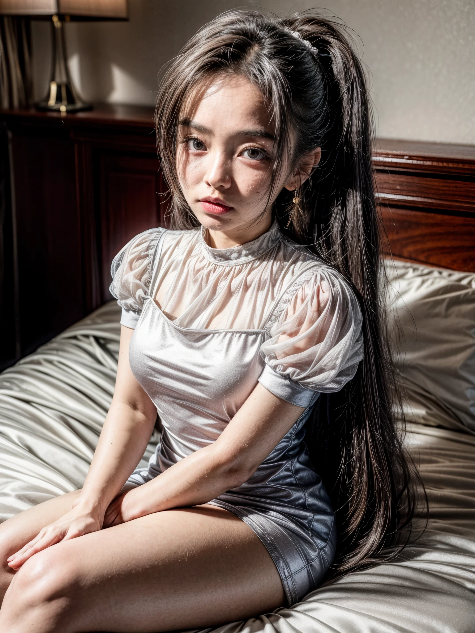 (((CUTE MALAY GIRL))), masterpiece, High quality, UHD 32K, Realistic face, Realistic skin human feeling , A Japanese Lady, 8 years old, ((layered hair with pony)), Very cute and baby-like face, (MATRIX WORLD), ((SADNESS)), (((WHITE))), (((CUTE GIRL))), ((WEARING SEXY GODDES DRESS)) SATIN FLORAL PATTERN, straddle in bed, perfect fullbody, Red Lips, earing,