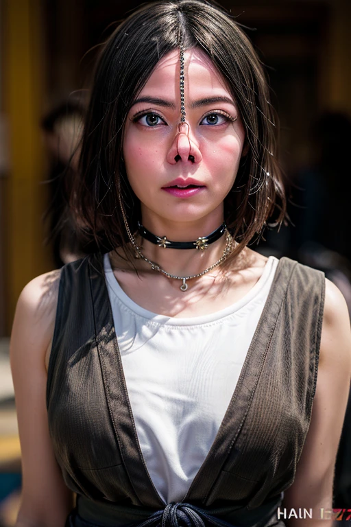 (Browsing Caution:-2), (Realistic, photo-Realistic :1.4), (Highest quality, masterpiece:1.2), RAW Photos, High resolution, Intricate details, Very detailed, Realistic and sharp details, Portraiture, (Bust Shot, Front view:1.2 ), alone, Beautiful Japanese Women, Beautiful woman, Black Hair, (Short Bob Hair), Detailed face, Detailed eyes, Beautiful Eyes, Refined nose, Pale skin, Fine skin, (Nose hook, Chain strap), (Jeweled Choker), clavicle, shoulder, T-Shirts, skirt,,,[Kanna Hashimoto]