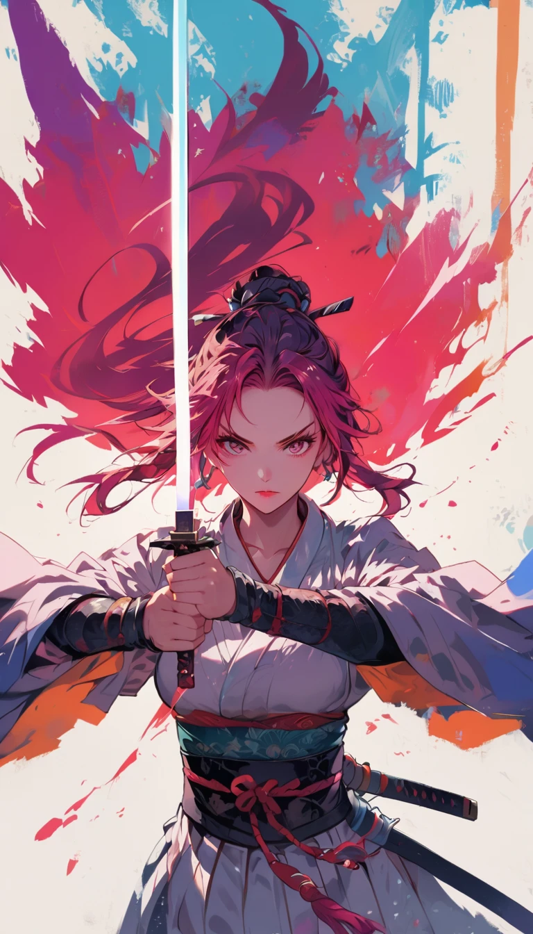 1 most beautiful woman, shining pupils, samurai, earring, bijouterie, long hair, knife,weapon, White background, simple background
