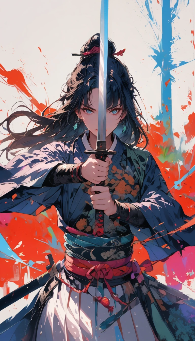 1 most beautiful woman, shining pupils, samurai, earring, bijouterie, long hair, knife,weapon, White background, simple background