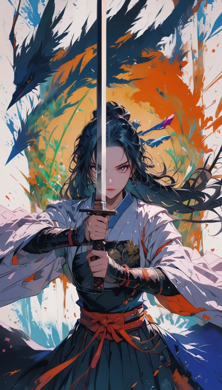 1 most beautiful woman, shining pupils, samurai, earring, bijouterie, long hair, knife,weapon, White background, simple background