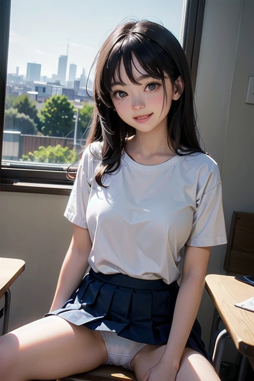 very cute and beautiful girl,(Very detailed美しい顔),
(smile:1.2),blush,Seraphim,Pleated navy blue mini skirt,
Black Hair,Sitting,Spread your legs,(White panties),
Wooden classroom,window,Distant Tree々and the city,
(Highest quality,masterpiece:1.2),Absurd,High resolution,Very detailed,Very detailed,32K,8k resolution,
Intricate details,Movie Scenes,Detailed Background,alone,Dynamic Angle,Perfect hands,