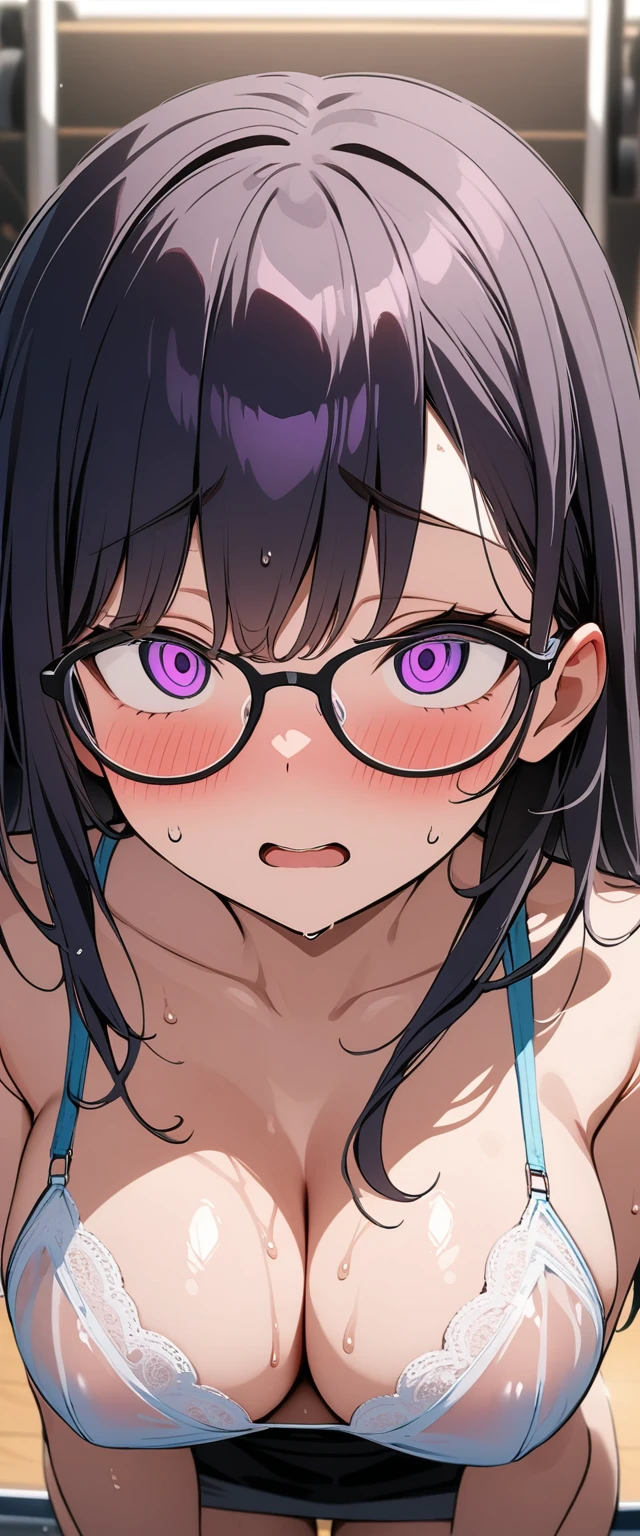 (Highest quality),(masterpiece), 8k,Very detailed, Detailed light, Best Shadow,Detailed reflective eyes, Very detailedな顔,Shiny Hair,Big Breasts,(1 girl:1.2),woman,Gloss,Black Hair,blush,(Hollow Eyes:1.2),(Condescending:1.2),Crazy Eyes,4fingers and 1thumbs,Beautiful fingers,Beautiful Hands,whole body,Tank top,Shorts,Black-rimmed glasses,Purple eyes,Cool,Glossの無い目,(Eye power:1.2),(脇Sweat:1.2),(Sweat:1.4),(trainer:1.2),(Soaking wet:1.2),(See-through bra:1.2),(gym:1.2)