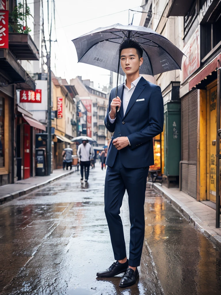 A handsome Chinese man, three-dimensional facial features, full body, wearing a casual suit, standard proportion, background street, sunny days, holding an umbrella, realistic style