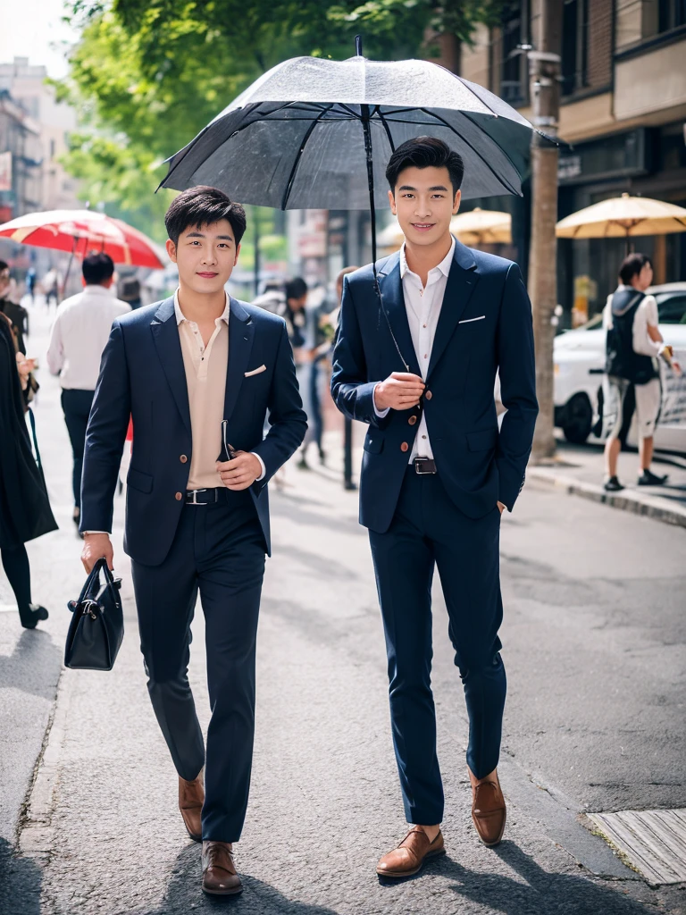 A handsome Chinese man, three-dimensional facial features, full body, wearing a casual suit, standard proportion, background street, sunny days, holding an umbrella, realistic style