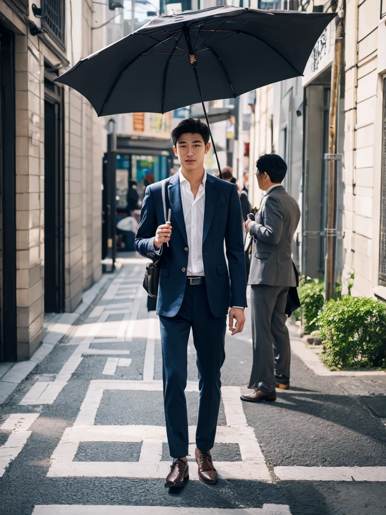 A handsome Chinese man, three-dimensional facial features, full body, wearing a casual suit, standard proportion, background street, sunny days, holding an umbrella, realistic style