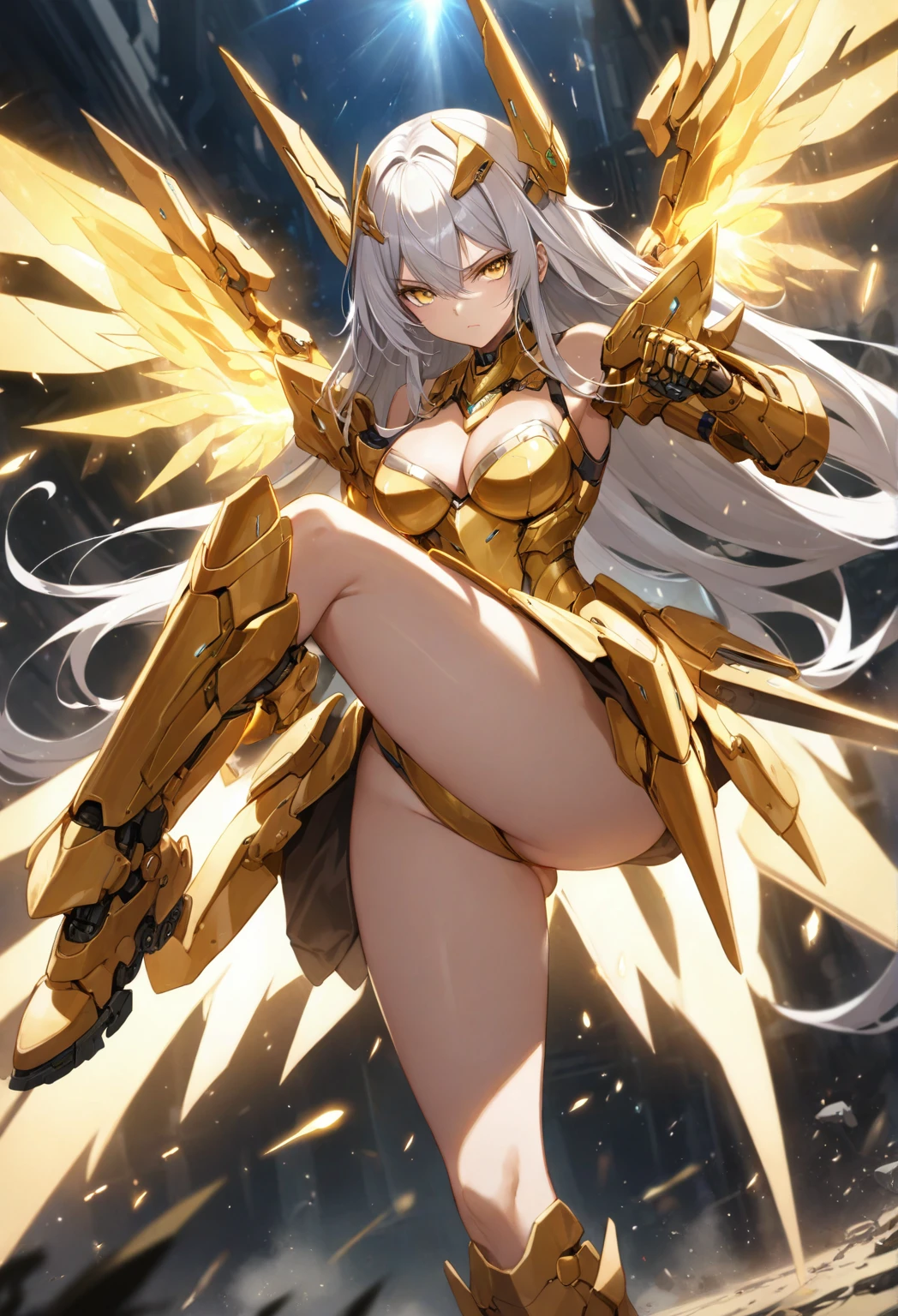 score_9_up, score_8_up, score_7_up, source_anime,masterpiece, best quality, high resolution, extremely detailed CG, absurdres, highres, 1girl, solo, a mecha girl in golden armor with glowing mecha_wings fights at battlefield, ((body surrounded by yellow Battle Aura and lighting)), wings of light, long hair, white_hair, glaring, cleavage, thighs, off-shoulder, (((Shining Armor, glittering Armor))),((mecha wings)), headgear, flying, blue sky, full body, from below, Futuristic, ((aura,Battle Aura, lighting),good_hands