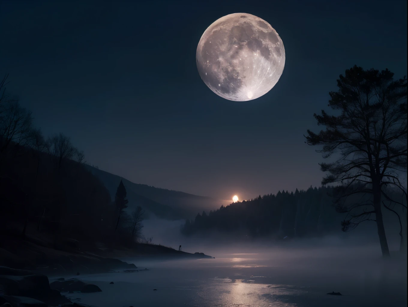 A beautiful night landscape, full moon, moonlight, peaceful atmosphere, serene, ethereal, glowing moon, dramatic lighting, shadows, soft focus, detailed textures, atmospheric haze, (best quality,4k,8k,highres,masterpiece:1.2),ultra-detailed,(realistic,photorealistic,photo-realistic:1.37),landscape,cinematic,dramatic,moody,mystical,atmospheric