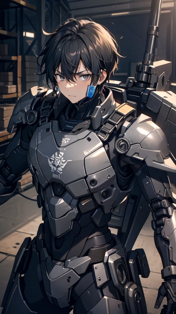 silence，Looking at the items in the warehouse，Warehouse full of supplies，It's dark all around，End of the World，an adult male，youth，Black short hair，look around，Wearing a sophisticated dark gray mecha armor suit，The armor suit has huge and thick limbs，Only the male youth’s hair and face are exposed，Upper body close-up