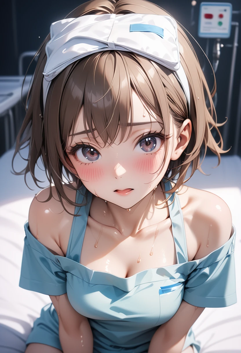 ((Ice pack on head)), (((Hospital clothes, Suffering from fever))), ((Shiny Costumes)), skindentation, skinny, solo, 1 woman, Masterpiece, highest quality, highest quality, 16K, incredibly absurd, highly detailed, 2.5D, ai-generated, delicate and dynamic, very delicate facial expressions, delicate eye depiction, erotic, only sexy woman, ((A cute and kind face)), healthy figure, ((25-year-old woman)), 160cm tall, medium firm swaying bust, , blush, Sweat,Embarrassed,sexy, ((thin thighs)),, shiny and lustrous, facing straight at viewer, (((in heat))), ((Oily_skin)), ((Lots of sweat)), (((Brown Skin))), ((dutch angle)), ((erotic pose)), (((Collapsed from heat stroke))), ((reclining)), (((lying))),