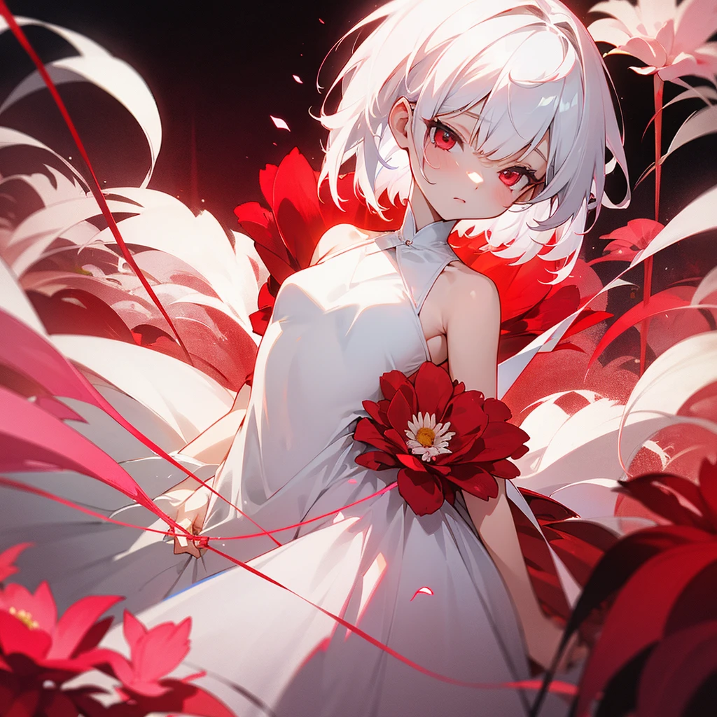 

a girl with short white hair  shoulder-length, red eyes, wearing a thin white dress, flower red pink garden