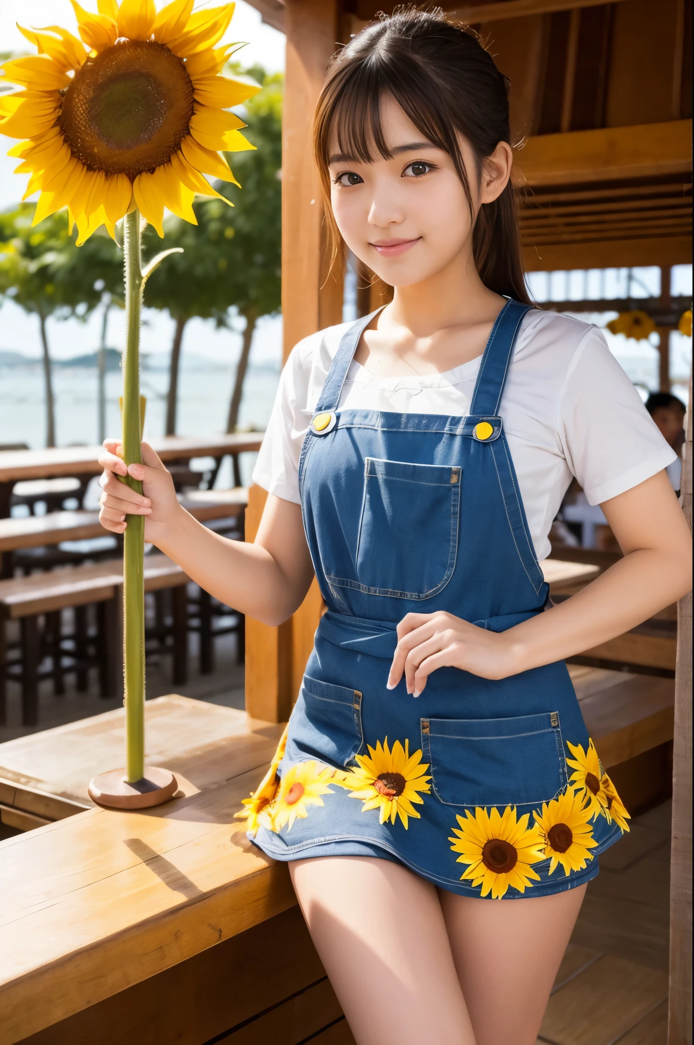 20 years old girl (Japanese cute face) is wearing apron, mini skirt at the beach bar with sunflower