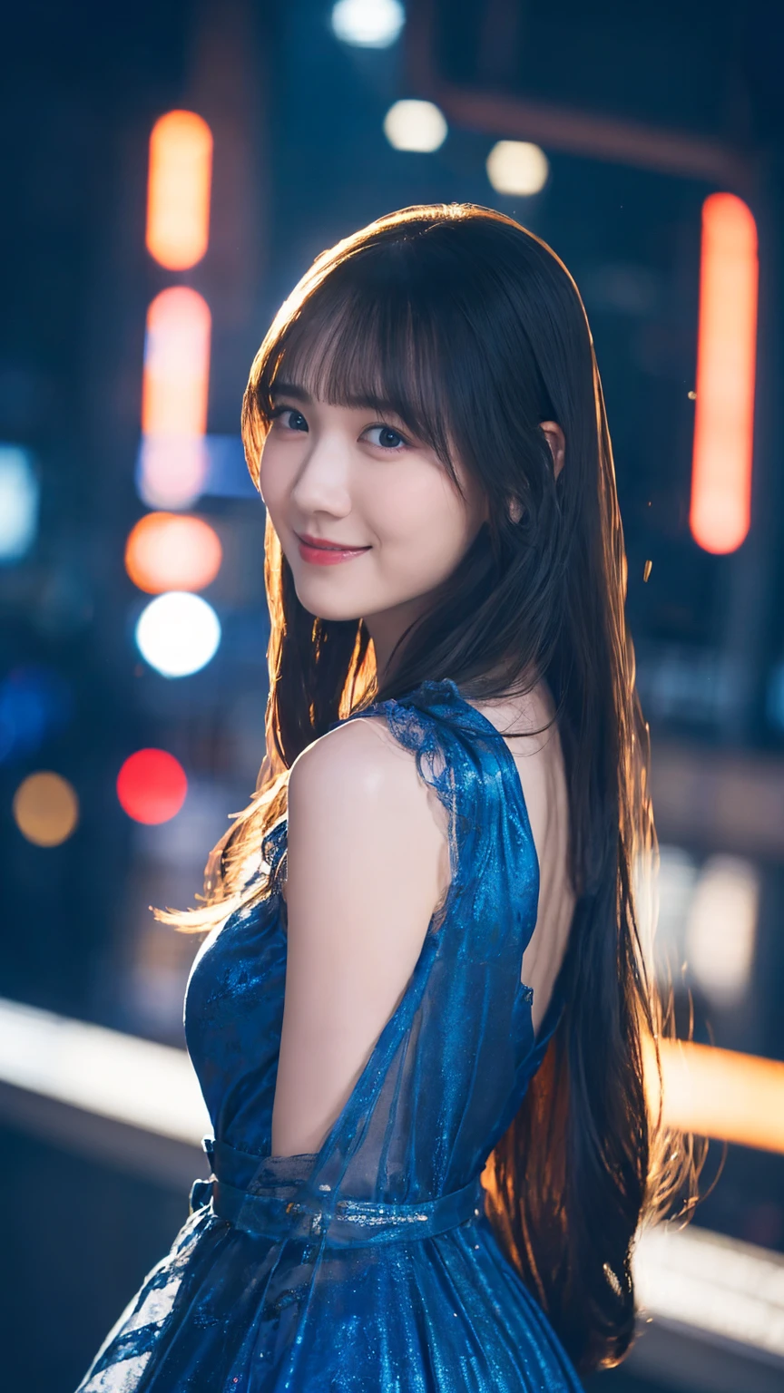 1girl,(wearing a blue glittery evening dress:1.2),(RAW photo, best quality), (realistic, photo-realistic:1.4), masterpiece, an extremely delicate and beautiful, extremely detailed, 2k wallpaper, Amazing, finely detail, extremely detailed CG unity 8k wallpaper, ultra-detailed, highres, soft light, beautiful detailed girl, extremely detailed eyes and face, beautiful detailed nose, beautiful detailed eyes,cinematic lighting,city lights at night,perfect anatomy,slender body,light smile,close up,(long hair with bangs), big breast