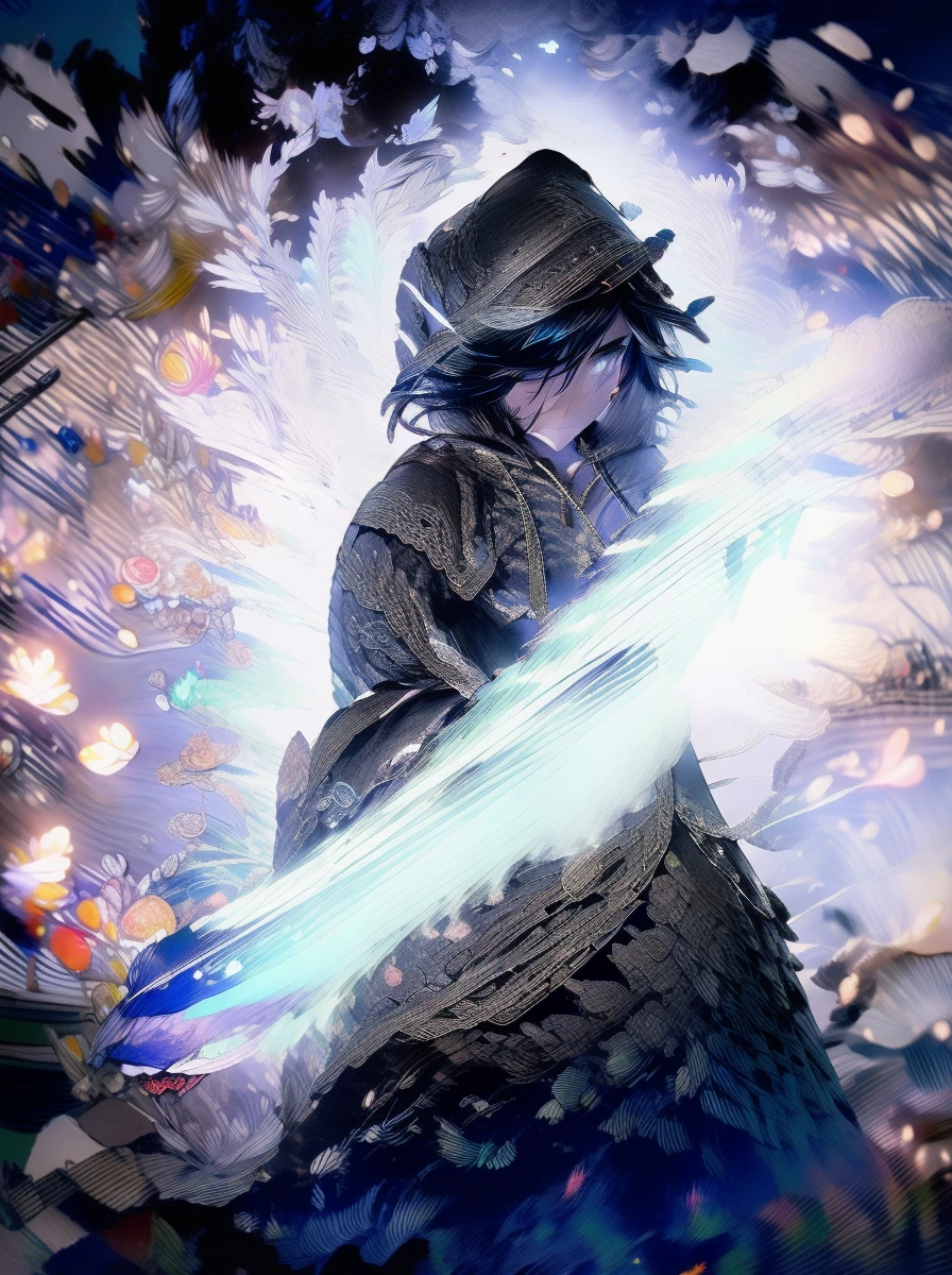 masterpiece, The best quality, landscape, splendid, drainer, perfect face,1man, dry, hood, snow, holding a sword, magic sword, joya, glow, black coat, chill, mountains, bleak, Alone, Badass, Misteryous, dark, Incredible view, Knob, scary, dynamic pose, energetic, They are smiling, close