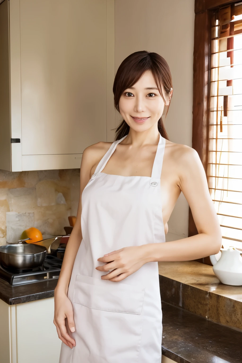 (masterpiece), high quality, high resolution, a skinny Japanese woman, 40 years old, {medium|small} breasts, very thin waist, correct ????????????, naked but wearing only an apron, {short|long} hair, cute face, detailed face, detailed eyes, standing at the kitchen, photo from various angle
