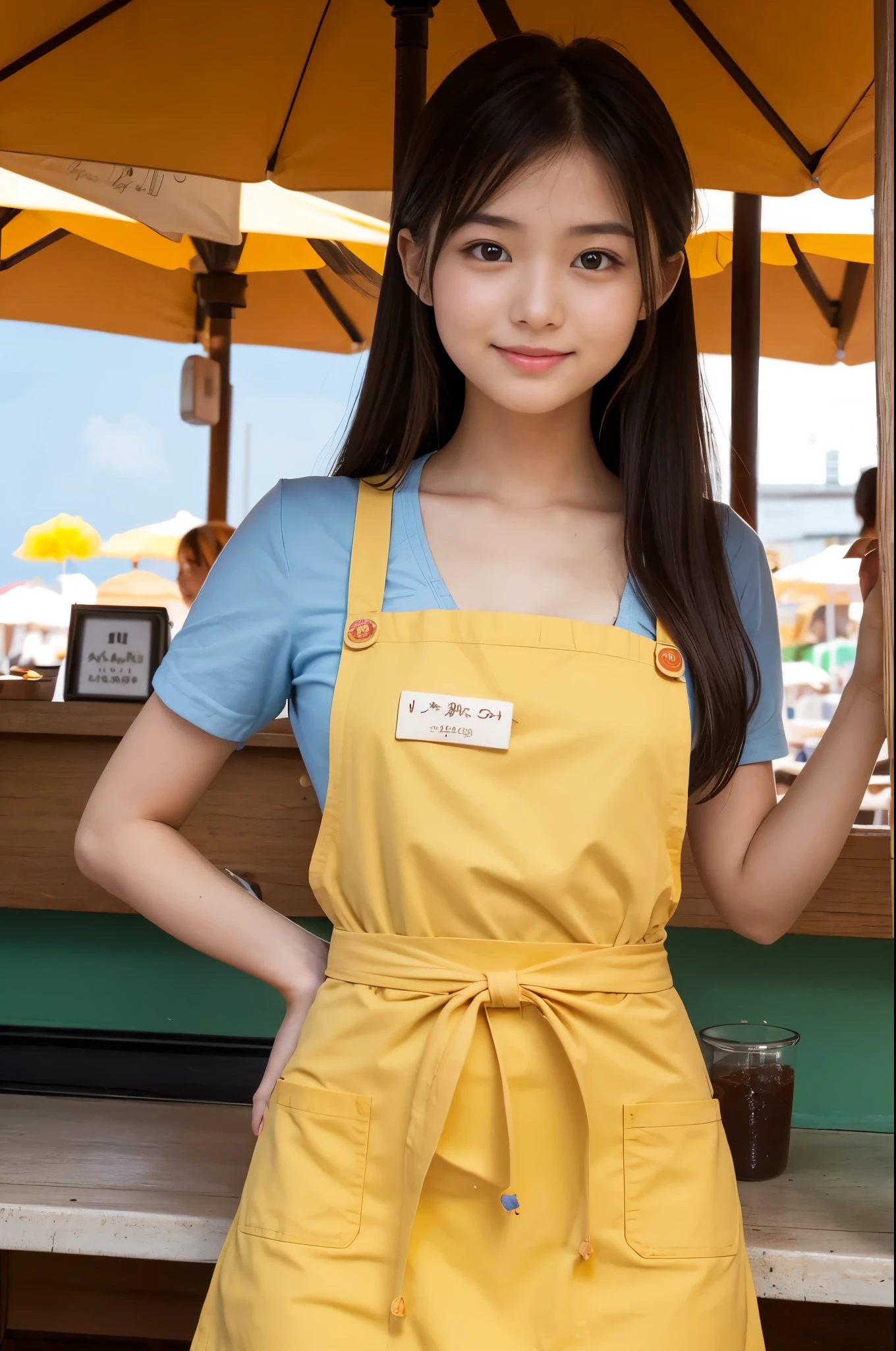 20 years old girl (Japanese cute face) is wearing apron, mini skirt at the beach bar with sunflower