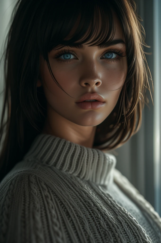 16 years old Megan Fox, ultra-detailed Nordic eyes, bangs, knit sweater, (((masterpiece, ultra-detailed face))).