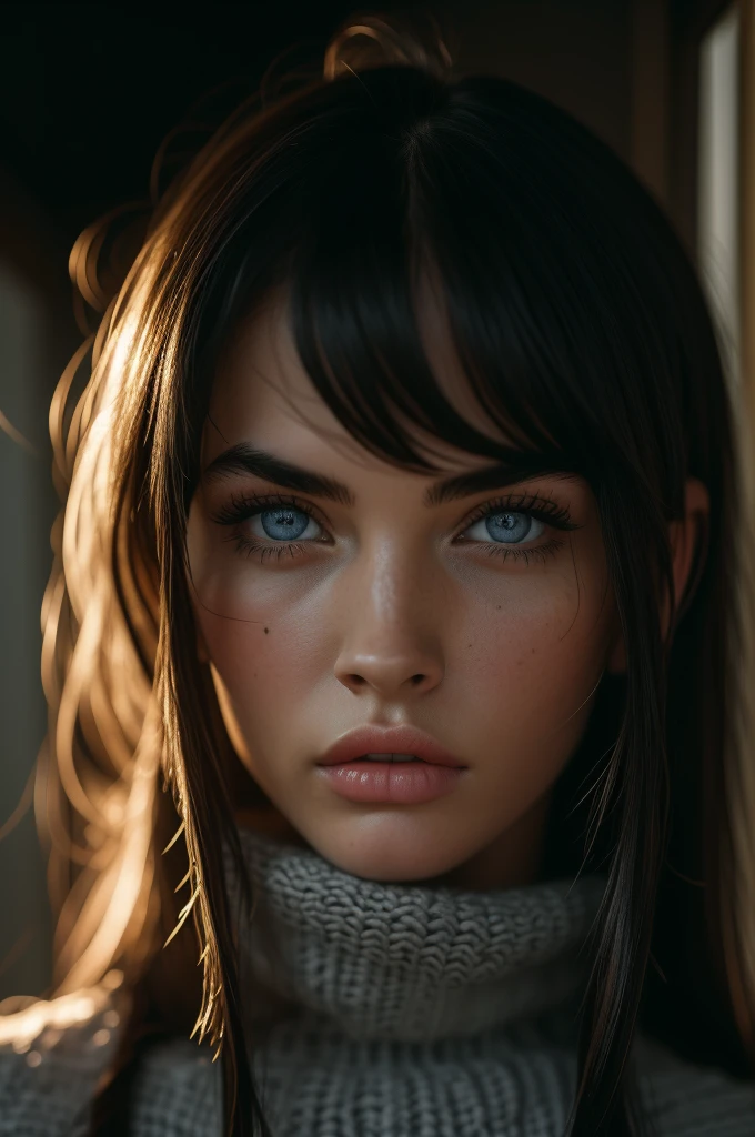 s old Megan Fox, ultra-detailed Nordic eyes, bangs, knit sweater, (((masterpiece, ultra-detailed face))).
